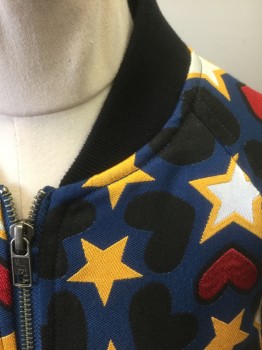 STELLA MCCARTNEY, Multi-color, Navy Blue, Yellow, Red, Black, Polyester, Stars, Hearts, Navy with Yellow and Light Gray Stars, Black and Red Hearts Pattern, Bomber Jacket, Zip Front, Solid Black Rib Knit Neck, Cuffs and Waistband, Raglan Sleeves, 2 Welt Pockets