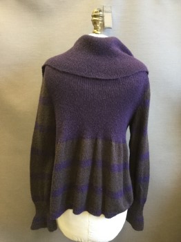 LATO/B, Aubergine Purple, Brown, Acrylic, Polyester, Stripes, Purple Top Half with Silver Sparkles, Lower and Sleeves Purple/Brown Stripe, Large Button Front, Oversize Ribbed Knit Collar, Ribbed Knit Bell Cuff, Slight Bell Shape From Waist