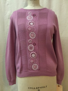 Womens, Pullover, ALFRED DUNNER, Orchid Purple, Cotton, Acrylic, Floral, S, Orchid, Self Textured Check, Center Front Pink, White, Purple Floral Beading & Embroidery,