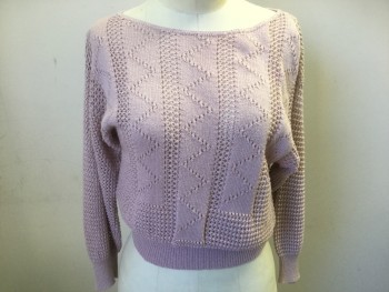 N/L, Dusty Rose Pink, Cotton, Pullover, Knit with Vertical Stripes and Zig Zags Texture, 3/4 Dolman Sleeves, Wide Scoop Neck