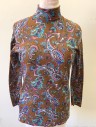 AILEEN, Brown, Pink, Turquoise Blue, White, Black, Poly/Cotton, Paisley/Swirls, Jersey Knit Turtleneck, Long Sleeves, Pullover, Tunic Length, Center Back Zipper, Late 1960's