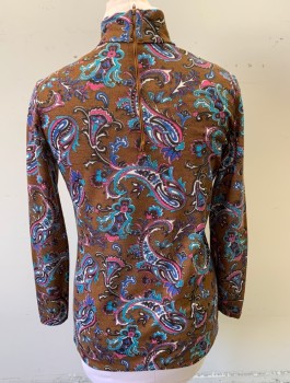 AILEEN, Brown, Pink, Turquoise Blue, White, Black, Poly/Cotton, Paisley/Swirls, Jersey Knit Turtleneck, Long Sleeves, Pullover, Tunic Length, Center Back Zipper, Late 1960's