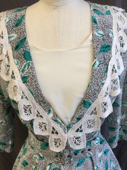POSITIVE INFLUENCE, Off White, Teal Green, Mint Green, Black, Cream, Polyester, Leaves/Vines , Abstract , Deep V-neck with Collar Attached with Large Doodle Lace Trim,  Cream Peeping Crew Neck, Zip Back, Bias Short Flap Over Skirt-split Center Back Hem. 3/4 Sleeves with 1 Cream Button, *SELF Detachable Belt with Rectangle Buckle, Early 1990