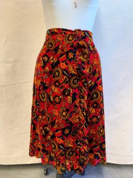 Womens, 1970s Vintage, Skirt, I. MAGNIN, Red, Orange, Black, White, Cotton, Floral, W 29, Velvet, Side Snaps, Faux Wrap with Ruffle, Hem Below Knee