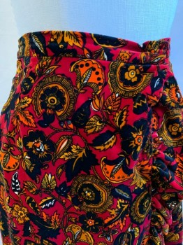 Womens, 1970s Vintage, Skirt, I. MAGNIN, Red, Orange, Black, White, Cotton, Floral, W 29, Velvet, Side Snaps, Faux Wrap with Ruffle, Hem Below Knee