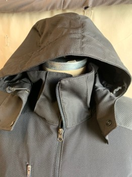 Mens, Casual Jacket, TRI-MOUNTAIN, Black, Polyester, Spandex, Solid, M, Collar Attached, with DETACHABLE HOOD, Gray Perforated Texture Lining, Shoulder Patches, 3 Pockets with Zipper, Long Sleeves (1 Pocket with Zipper on Left Arm) with Velcro Closure, Black D-string Hem