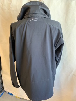 Mens, Casual Jacket, TRI-MOUNTAIN, Black, Polyester, Spandex, Solid, M, Collar Attached, with DETACHABLE HOOD, Gray Perforated Texture Lining, Shoulder Patches, 3 Pockets with Zipper, Long Sleeves (1 Pocket with Zipper on Left Arm) with Velcro Closure, Black D-string Hem