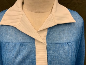 PRESCRIPTION LABELS, Blue, White, Synthetic, 2 Color Weave, Button Front, Ribbed Knit White Collar Attached, 1/2 White Placket, 3/4 Sleeve Ribbed Knit White Cuff, 2 Pockets, Gather3ed at Yoke, Self Belt,