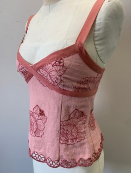 Womens, Top, NANETTE LEPORE, Mauve Pink, Linen, Rayon, Floral, Sz. 2, Spaghetti Straps in 3/4" Twill, Linen with Embroidered Eyelet Flowers with Small Cutouts, Camisole Style with Shaped Bust, Invisible Zipper at Center Back, 2000's Y2K
