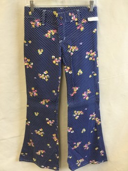 Womens, Pants, FOX 39, Navy Blue, White, Pink, Purple, Yellow, Cotton, Polka Dots, Floral, 26, 2" Waistband with Belt Hoops, Flat Front, Zip Front, Bell Bottom