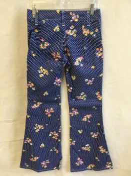 Womens, Pants, FOX 39, Navy Blue, White, Pink, Purple, Yellow, Cotton, Polka Dots, Floral, 26, 2" Waistband with Belt Hoops, Flat Front, Zip Front, Bell Bottom
