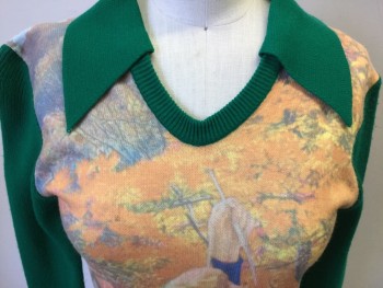 N/L, Kelly Green, Orange, Yellow, Blue, Lt Blue, Acrylic, Human Figure, Mother & Child Under the Trees, Solid Kelly Green Sleeves & Back, Collar Attached, Pullover, V-neck,