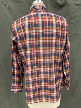 UNIVERSITY HALL, Navy Blue, Red, White, Yellow, Polyester, Cotton, Plaid, Button Front, Collar Attached, Button Down Collar, 1 Pocket, Long Sleeves, Button Cuff,