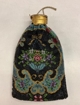 N/L, Black, Gold, Blue, Red Burgundy, Beaded, Floral, Seed Beaded Reticule Purse, with Gold Metal Accordian Style Opening, Gold Chain Handle,