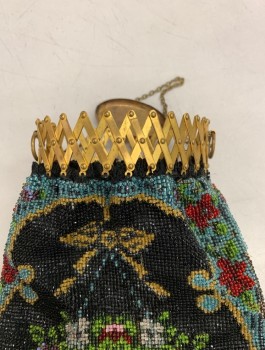 N/L, Black, Gold, Blue, Red Burgundy, Beaded, Floral, Seed Beaded Reticule Purse, with Gold Metal Accordian Style Opening, Gold Chain Handle,