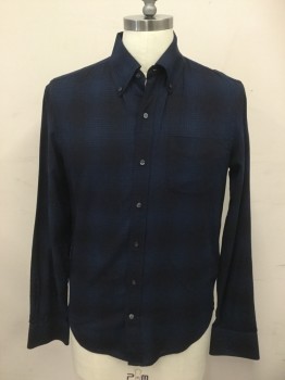 VINCE, Dk Blue, Black, Cotton, Plaid, Button Front, Collar Attached, Button Down Collar, Long Sleeves, 1 Pocket