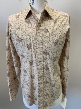 Mens, Western Shirt, LEVI'S, Beige, Dk Brown, Brown, Polyester, Polka Dots, Leaves/Vines , M, Snap Front, Collar Attached, 2 Pockets, Long Sleeves,