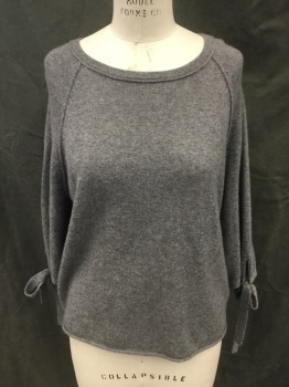 Womens, Pullover, VELVET, Heather Gray, Cashmere, S, Ribbed Knit Boat Neck, 3/4 Sleeve with Ribbon Tie Cuff Detail, External Raglan Sleeve Seams, Rolled Hem