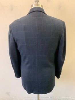 Mens, Sportcoat/Blazer, GIANPAULO, Navy Blue, Burnt Orange, Dk Green, Wool, Plaid-  Windowpane, 40R, Button Front, 3 Buttons, 3 Pockets, Notched Lapel, 3 Button Sleeves, No Vent