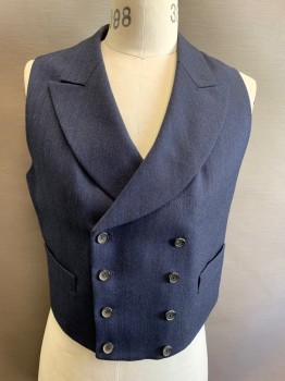 Mens, 1930s Vintage, Suit, Vest, COSPROP, Navy Blue, Blue, Wool, Acetate, Herringbone, 38, Double Breasted, Peak Shawl Lapel, Satin Back with Waist-belt