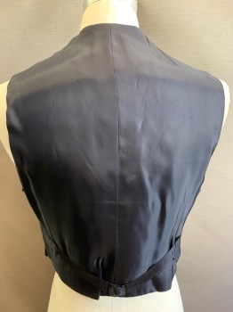 Mens, 1930s Vintage, Suit, Vest, COSPROP, Navy Blue, Blue, Wool, Acetate, Herringbone, 38, Double Breasted, Peak Shawl Lapel, Satin Back with Waist-belt