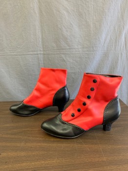 Womens, Boots 1890s-1910s, Bordello, Red, Black, Vinyl, Leather, Solid, 11, Two Tone ,contrast Black snap Up Spat Design, with Piercing Along Black Heel and Toe Sections, 2 Inch "granny" heel