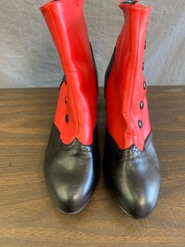 Bordello, Red, Black, Vinyl, Leather, Solid, Two Tone ,contrast Black snap Up Spat Design, with Piercing Along Black Heel and Toe Sections, 2 Inch "granny" heel