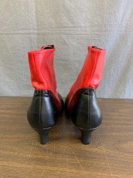 Womens, Boots 1890s-1910s, Bordello, Red, Black, Vinyl, Leather, Solid, 11, Two Tone ,contrast Black snap Up Spat Design, with Piercing Along Black Heel and Toe Sections, 2 Inch "granny" heel