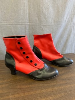 Bordello, Red, Black, Vinyl, Leather, Solid, Two Tone ,contrast Black snap Up Spat Design, with Piercing Along Black Heel and Toe Sections, 2 Inch "granny" heel