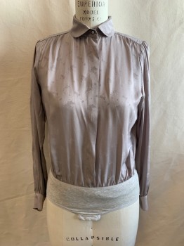 N/L, Silver, Polyester, Floral, Solid, Peter Pan Collar, Button Front, Hidden Placket, Long Sleeves, Body Suit, Multiples