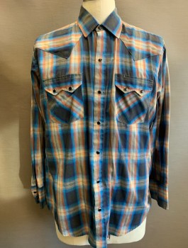 Mens, Western Shirt, DEE CEE BRAND, Navy Blue, Rust Orange, Gray, Cotton, Plaid-  Windowpane, S:34, N:16.5, L/S, Snap Front, Collar Attached, 2 Pockets with Zig Zagged Flaps, Western Style Yoke
