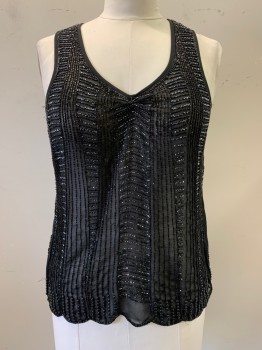 Womens, Top, CACHE, Black, Polyester, L, All Over Beading on Front, Sheer, Pullover, V-neck, Gathered at Center, Sleeveless