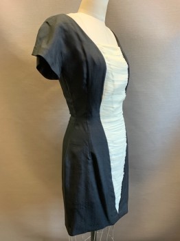 Womens, Cocktail Dress, Anita, Black, Off White, Polyester, Solid, W26, B33, H37, S/S, Square Neck, Pleated White Center, Back Zipper,