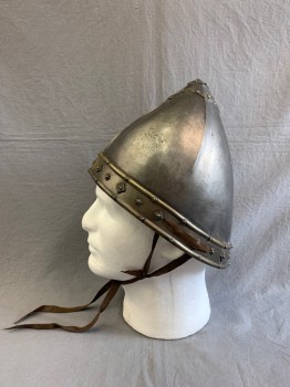 MTO, Pewter Gray, Fiberglass, Medieval Helmet.Possibly Spanish. Pointy Crown. Pewter with Tarnished Silver Trim. Brown Leather Wang Chin Strap, Multiples