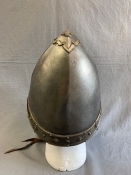 MTO, Pewter Gray, Fiberglass, Medieval Helmet.Possibly Spanish. Pointy Crown. Pewter with Tarnished Silver Trim. Brown Leather Wang Chin Strap, Multiples