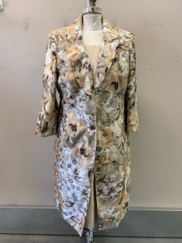 JOHN MEYER, Khaki Brown, White, Cream, Gray, Black, Polyester, Floral, Shawl Lapel, Single Breasted, Button Front, Pleated At Bac, Long-line