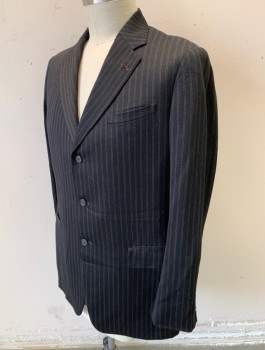 Mens, 1930s Vintage, Suit, Jacket, N/L MTO, Espresso Brown, Lt Brown, Wool, Stripes - Pin, 42L, Single Breasted, Notched Lapel, 3 Buttons, 3 Pockets, Caramel Paisley Pattern Jacquard Lining, Multiples,