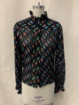 HELEN FABRIKANT, Black, Multi-color, Polyester, Rectangles, Ruffled C.A., Button Front, L/S, Sheer, Purple, Green, Blue, Red, Gold Tinsel