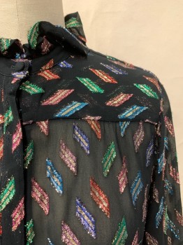 HELEN FABRIKANT, Black, Multi-color, Polyester, Rectangles, Ruffled C.A., Button Front, L/S, Sheer, Purple, Green, Blue, Red, Gold Tinsel