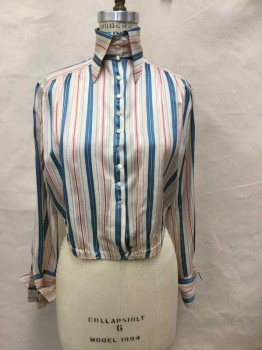 Womens, Blouse 1890s-1910s, MTO, Ecru, Blue, Red, Black, Silk, Stripes, B36, Long Sleeves, Mother Of Pearl Buttons At Front, Curved Pointed Collar, Repairs Mended