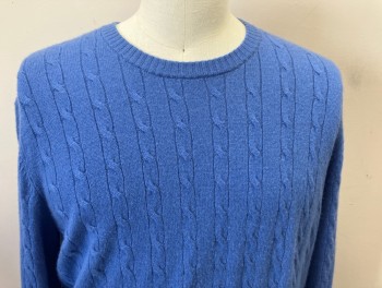 Mens, Pullover Sweater, ALAN FLUSSER, Blue, Cashmere, Solid, Cable Knit, L, L/S, CN,
