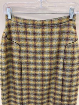 Womens, Skirt, N/L, Olive Green, Blue, Red Burgundy, Gold, Wool, Plaid, H32, W26, Fine Black Piping Detail Around Hips & Back Yolk , Dbl. Front  Box Pleats, CB Zipper & Pleat *Multiples*