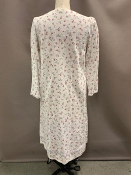 Womens, Nightgown, A DONNA, White, Red, Lt Gray, Cotton, Floral, L, Round Neck, L/S, 7 Buttons Down Bust, Light Gray Ribbon At Neck And Bust, White Lave Trim At Bust