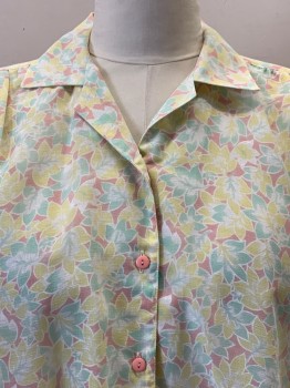 HIGH CLASS BLOUSE, White, Lt Pink, Lt Yellow, Lt Blue, Polyester, Leaves/Vines , S/S, Button Front, Collar Attached, Transparent