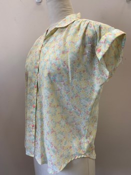 HIGH CLASS BLOUSE, White, Lt Pink, Lt Yellow, Lt Blue, Polyester, Leaves/Vines , S/S, Button Front, Collar Attached, Transparent