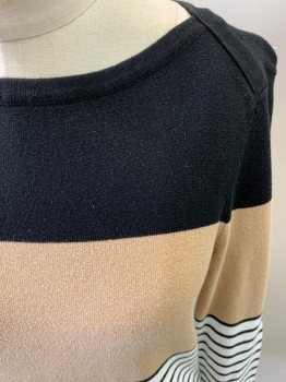 Womens, Top, TOMMY HILFIGER, White, Tan Brown, Black, Cotton, Stripes - Horizontal , Color Blocking, S, Long Sleeves, Bateau/Boat Neck, Overlapping Shoulder Seams, Knit