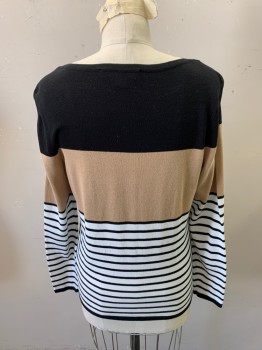 Womens, Top, TOMMY HILFIGER, White, Tan Brown, Black, Cotton, Stripes - Horizontal , Color Blocking, S, Long Sleeves, Bateau/Boat Neck, Overlapping Shoulder Seams, Knit
