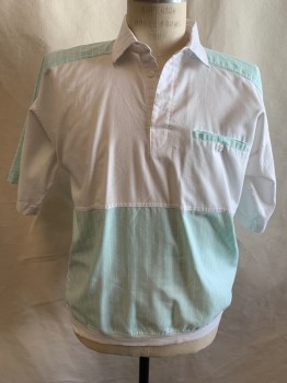 Mens, Polo Shirt, CC SPORT, White, Mint Green, Polyester, Color Blocking, Stripes - Vertical , M, Collar Attached, 3 Buttons, 1 Pocket, Short Sleeves, Rib Knit Waistband,