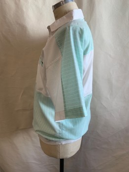 CC SPORT, White, Mint Green, Polyester, Color Blocking, Stripes - Vertical , Collar Attached, 3 Buttons, 1 Pocket, Short Sleeves, Rib Knit Waistband,