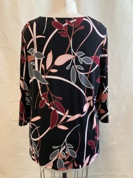 Womens, Top, ALFANI, Black, Red Burgundy, White, Gray, Pink, Polyester, Spandex, Floral, 1X, Scoop Neck, 3/4 Sleeve, Asymmetrical Hem with Zipper Detail